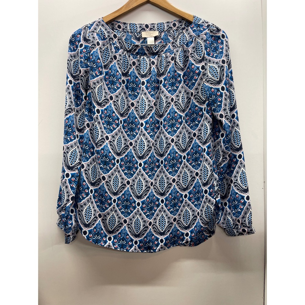 Loft Womens XS Blue Paisley Damask Long Sleeve Pleated Neck Blouse Top